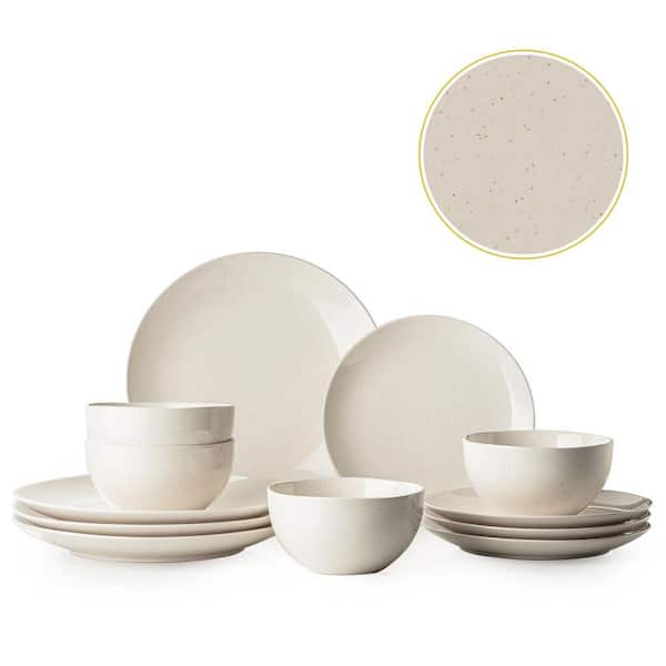 12 Pieces Modern White Ceramic Dinnerware Set for 4, Plates and Bowls Sets, Microwave and Dishwasher Safe
