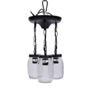 9.6 in. 3-Light Black Farmhouse Mason Jar Kitchen Island Pendant Light with Glass Shade, No Bulbs Included