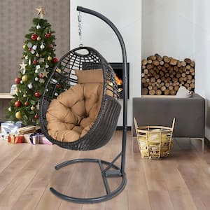 Sturdy Outdoor and Indoor Swing Hanging Egg Chair with Stand Brown PE Wicker for Paito Living Room