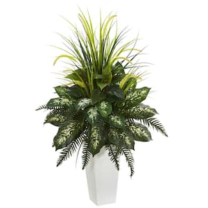 Mixed River Fern and Dogtail Artificial Plant in White Tower Planter