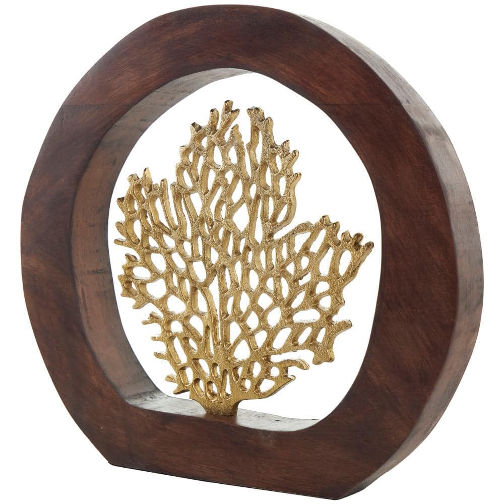 Litton Lane Gold Aluminum Metal Coral Sculpture With Brown Wooden Frame The Home Depot