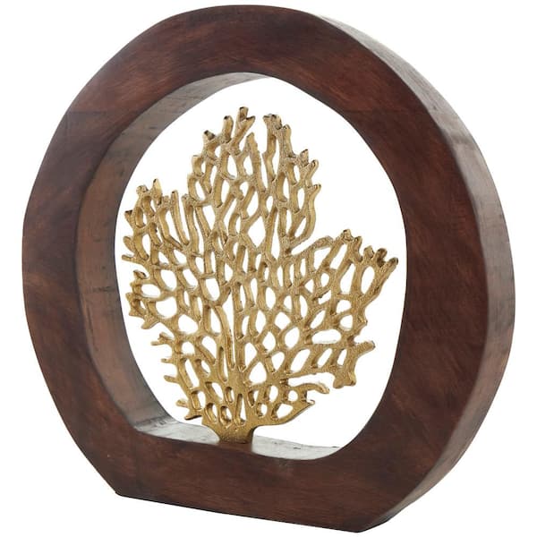 Litton Lane 2 in. x 11 in. Gold Aluminum Metal Coral Sculpture with Brown Wooden Frame