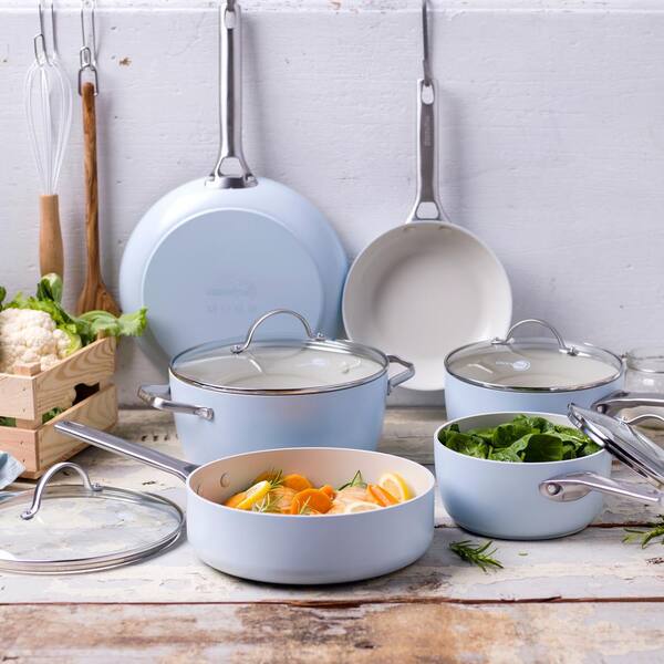 【時間指定不可】 GreenPan Padova Healthy Ceramic Nonstick Cookware Pots and Pans Set, 10 Piece, Light Blue セット