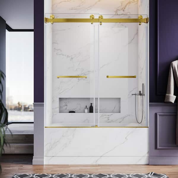 UNIKOO UKD01 56 to 60 in. W x 66 in. H Double Sliding Frameless Bathtub Door in Satin Brass W/ EnduroShield 3/8 in. Clear Glass