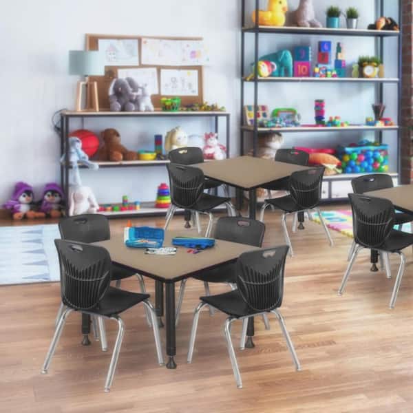 Kee 42 in. Square Noble Oak Adjustable Classroom Table Desk with Black Base and 4 Andy 12 in. Black Stack Chairs