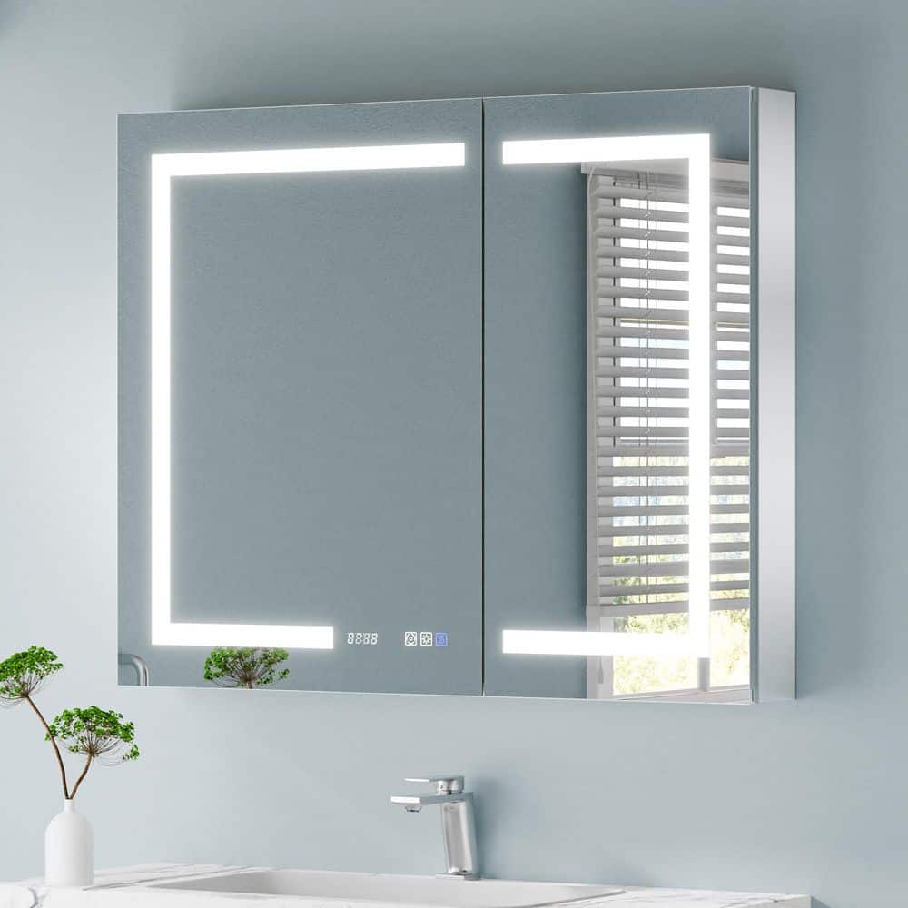 40 in. W x 32 in. H Rectangular Silver Aluminum Recessed/Surface Mount Medicine Cabinet with Mirror, LED and Clock price history on PriceWatchPro