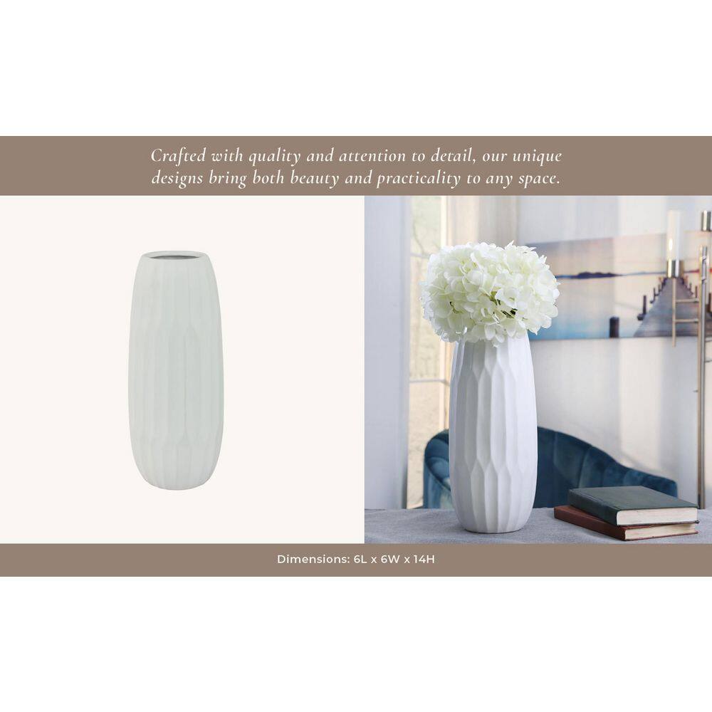 White Ceramic Indented Design Table Vase, 14"