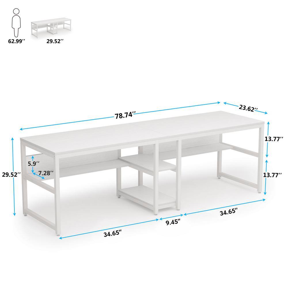 White Double Workstation Desk with Bookshelf and Storage Shelves