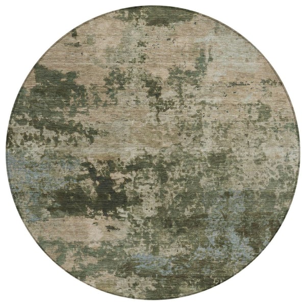 Chantille Machine Washable Indoor/Outdoor Abstract ACN2366 Olive 8 ft. x 8 ft. Round Rug