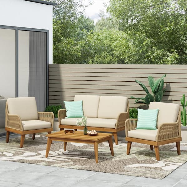 moda furnishings 4-piece Acacia Wood Patio Conversation Set With Beige Cushions