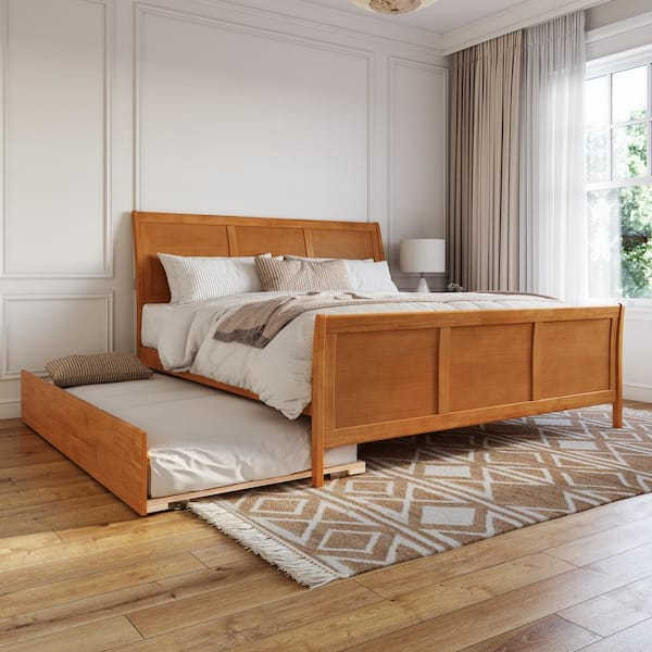 Portland Light Toffee Natural Bronze Solid Wood Frame King Platform Bed with Matching Footboard and Twin XL Trundle