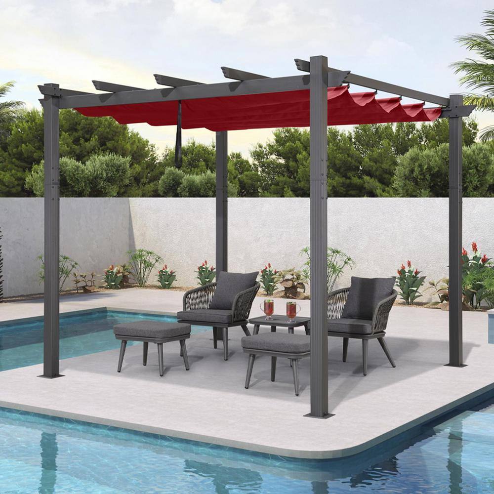 10 ft. x 10 ft. Gray Aluminum Frame Outdoor Patio Pergola Gazebo with Red Retractable Sun Shade Canopy for Deck Garden price history on PriceWatchPro