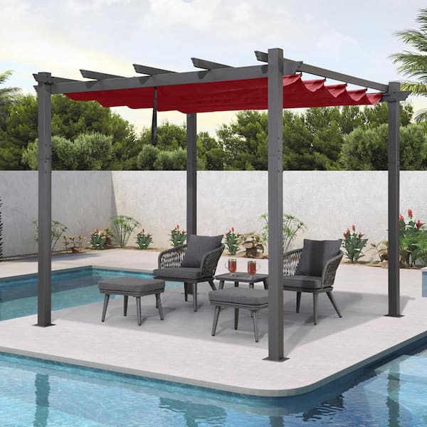 10 ft. x 10 ft. Gray Aluminum Frame Outdoor Patio Pergola Gazebo with Red Retractable Sun Shade Canopy for Deck Garden