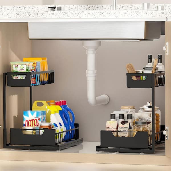 2-Tier Iron Pull-Out Shelf Organizer for Kitchen Bathroom, Under Kitchen Sink Organizers and Storage in Black, 2-Pack