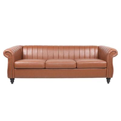 32.5 in. Round Arm Rolled Arm PU Leather Chesterfield 3-Seater Curved Sofa with Reversible Cushions in Bronze