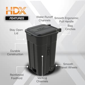 45 Gal. Black Outdoor Vented Trash Can with Wheels, Attached Lid, Rounded Handles, and Reinforced Foothold