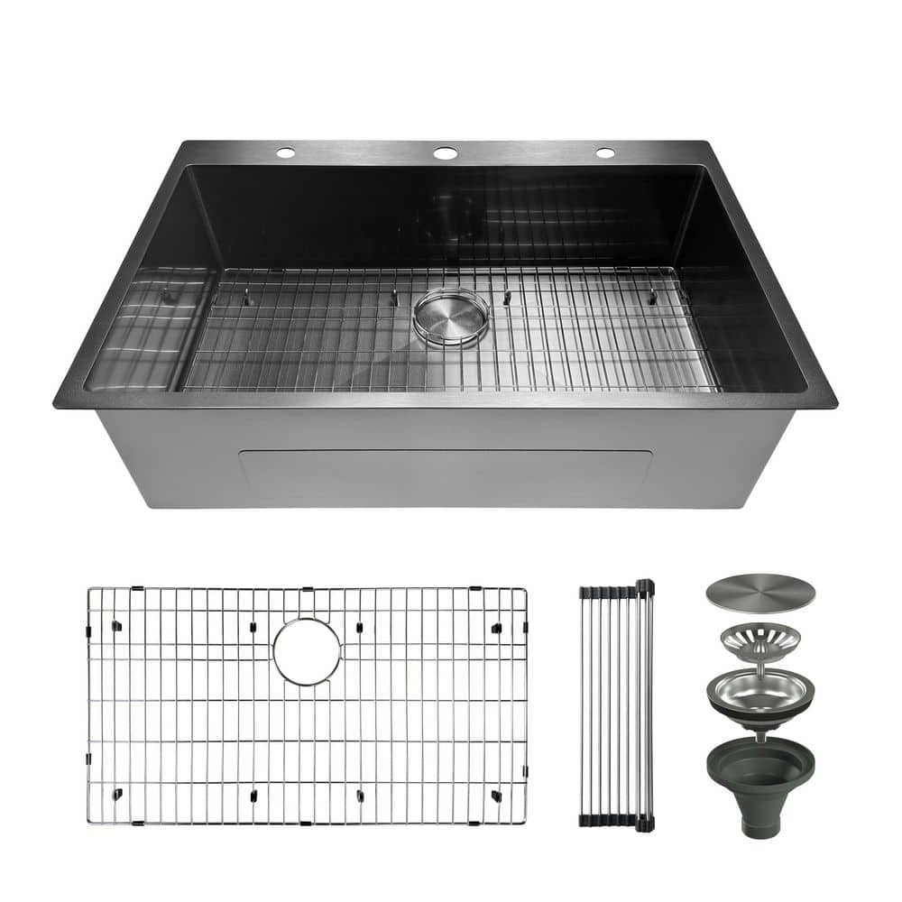 DELUXE DL LIVING 33 in. Drop-In 3-Hole Single Bowl 16-Gauge Gunmetal ...
