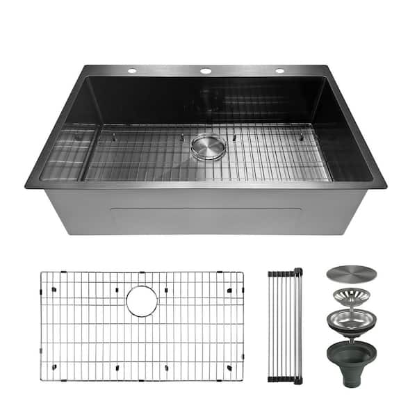 33 in. Drop-In 3-Hole Single Bowl 16-Gauge Gunmetal Black Stainless Steel R10 Round Corner Kitchen Sink with Accessories