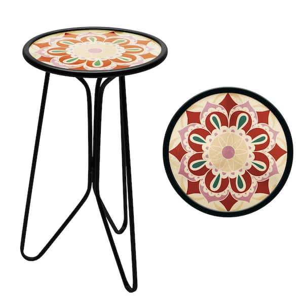 Everyday 12 in. Round Glass Purple Mandala Pattern Outdoor Side Table