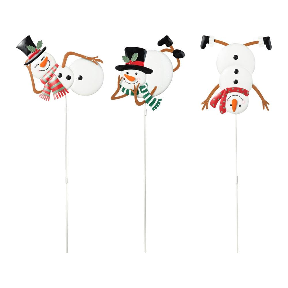 Glitzhome 24 in. H Set of 3 Christmas Metal Snowman Yard Stake or Wall ...