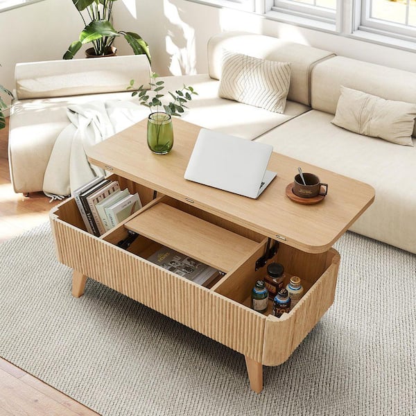 42. 91in. L Natural Oval MDF Coffee Table With Built-in Small Panel and Folding Desktop