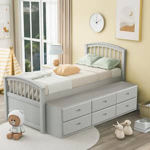 6-Drawers Gray Twin Size Platform Storage Solid Wood Bed