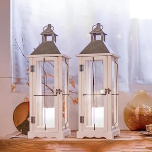 25.6 in. Wooden Candle Hurricane Luxury Lanterns with LED Candle, For Table Top Wall Hanging or Garden Display (2-Piece)