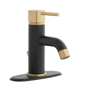 Modern Single-Handle Single-Hole Low-Arc Bathroom Faucet in 2 Toned Matte Gold and Matte Black