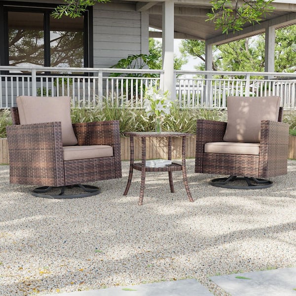 JOYESERY 3-Piece Brown Wicker Patio Bistro Set Swivel Rocking Chairs with Side Table, Sand