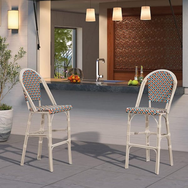 French Bar Height Bar Stool Set of 2 Patio Bar Chairs with Back Rattan Bar Chairs French Bistro Set