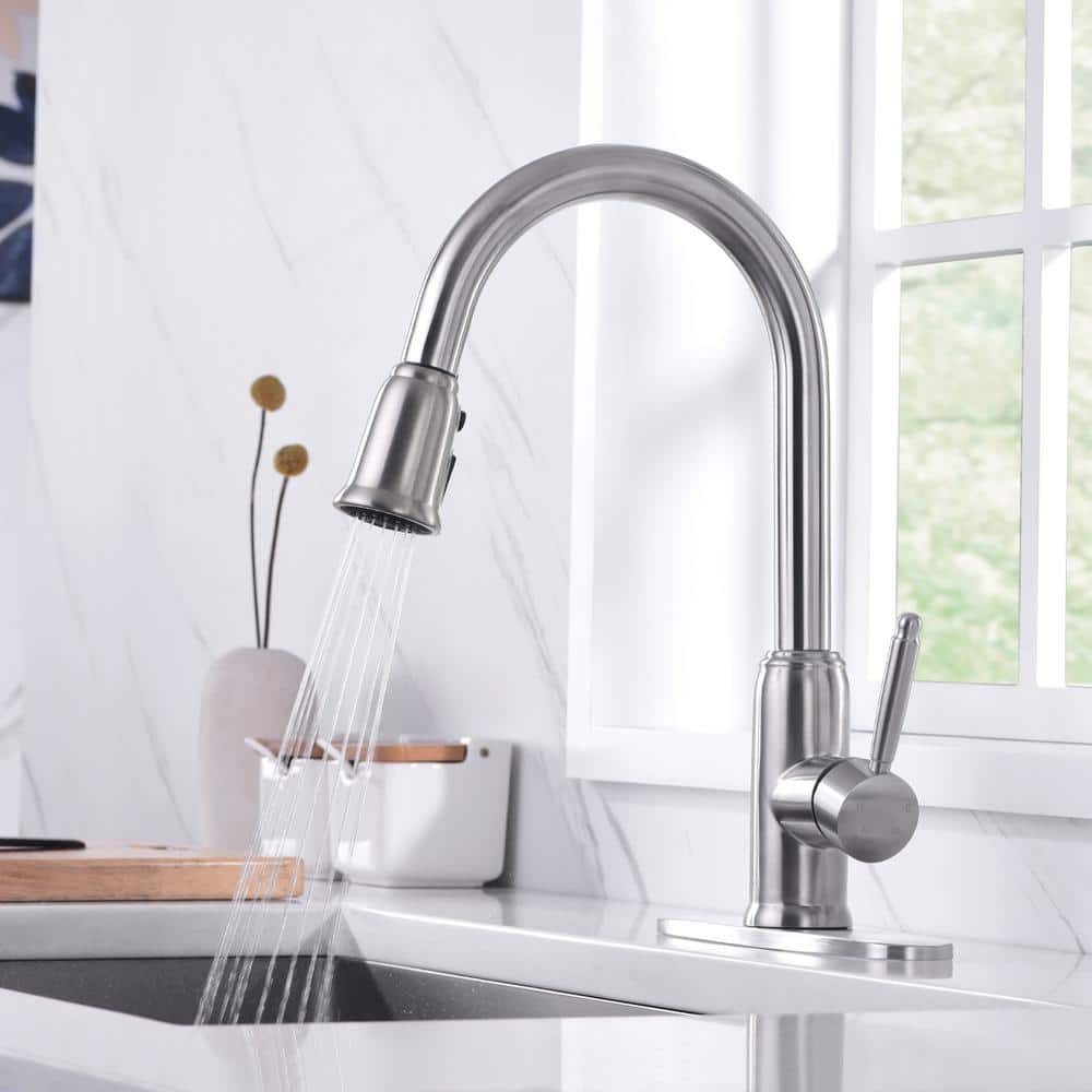 Brushed Nickel Stainless Steel Pull-Down Kitchen Faucet with Soap Dispenser