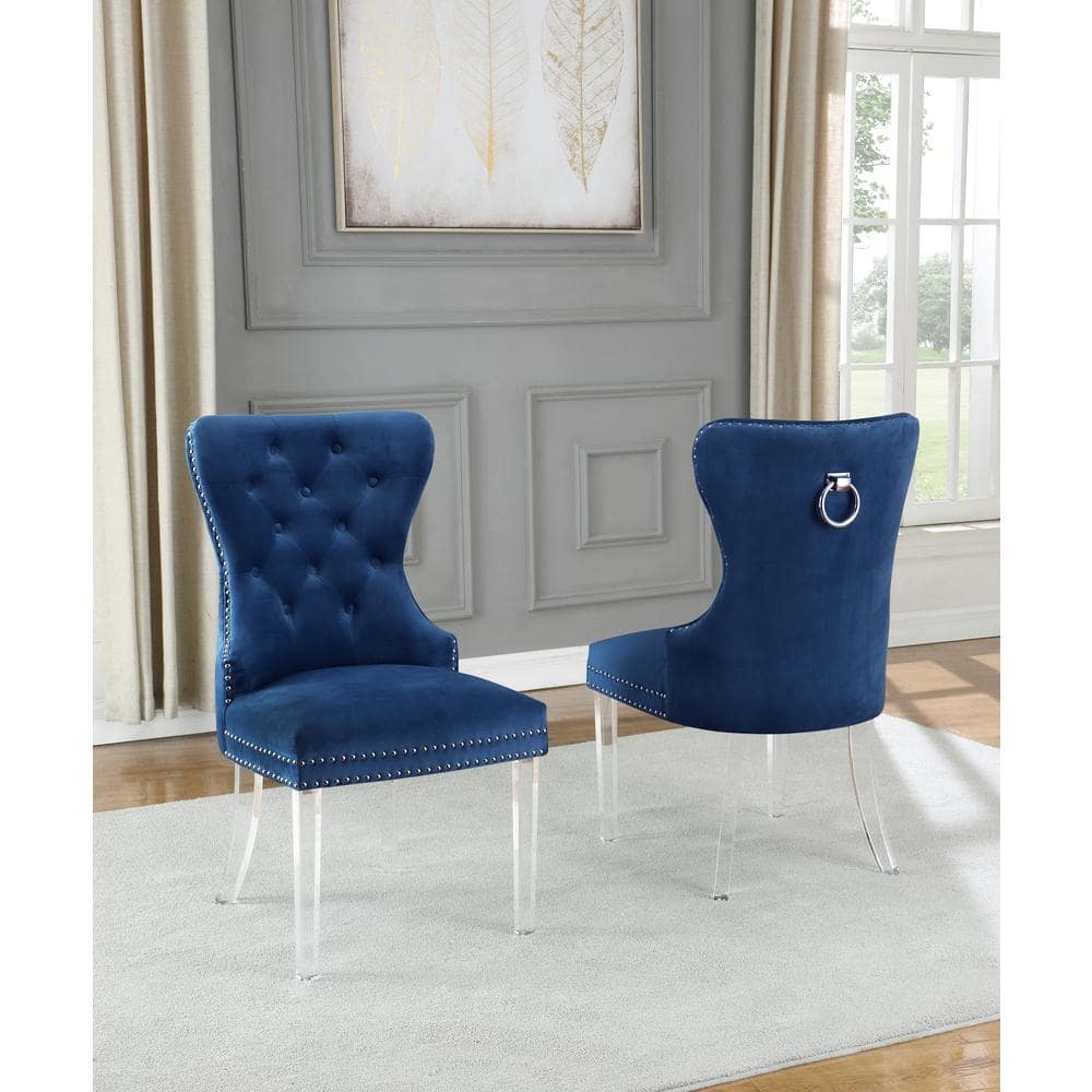 Elegant Navy Blue Velvet Tufted Side Chair with Acrylic Legs