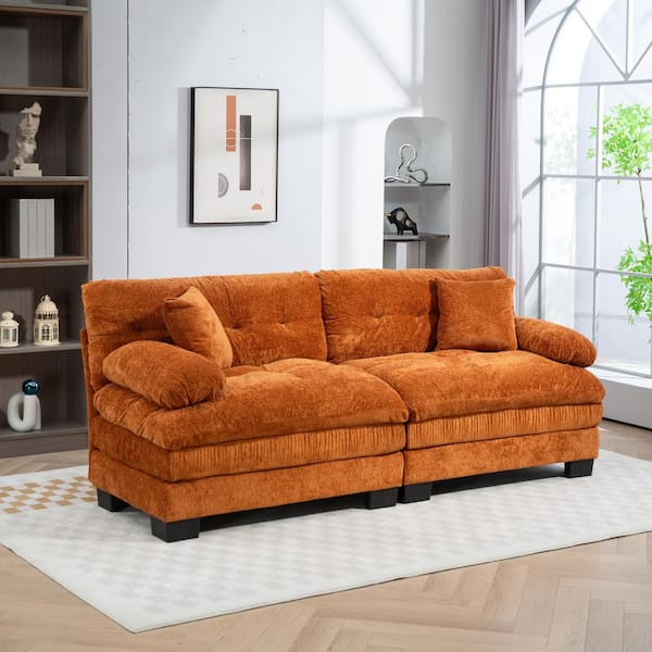 84 in. Dual-Layer Modular Chenille Rectangle Deep Seat Pillow Top Arm Sectional Sofa in Orange