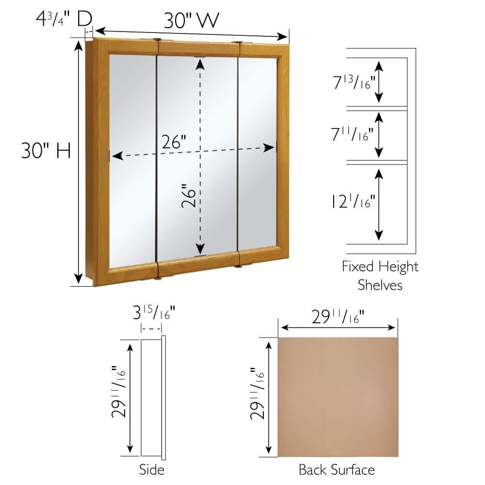 Claremont Triple Mirrored 30" Honey Oak Medicine Cabinet