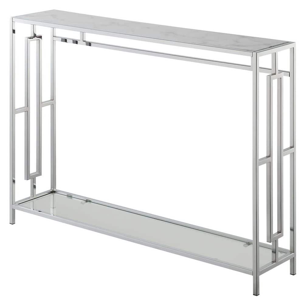 42" White Faux Marble and Chrome Console Table with Clear Glass Shelf