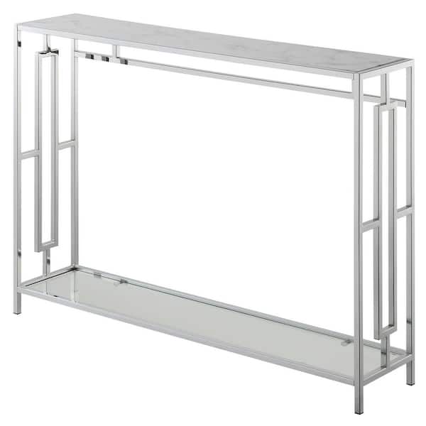Convenience Concepts Town Square 42 in. White Faux Marble/Chrome Rectangle Wood Top Console Table with Shelf