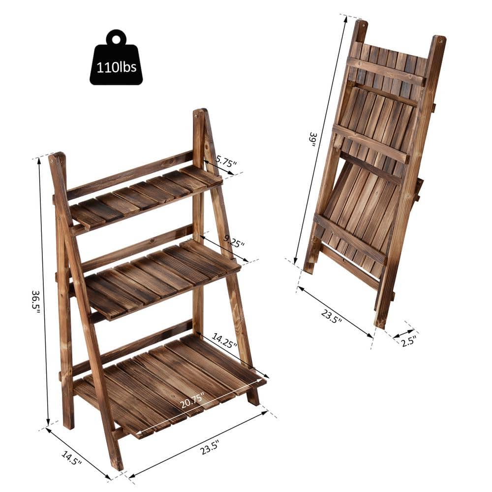Natural Fir Wood 3-Tier Foldable Ladder Plant Stand