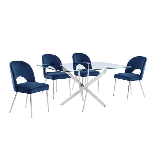 Best Quality Furniture Pete 5-Piece Tempered Glass Top and Navy Blue Table Set Seats 4