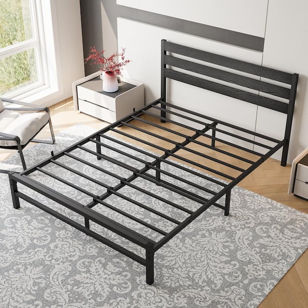 Black Metal Frame Queen Size Platform Bed with Rustic Vintage Black Wooden Headboard, No Box Spring Needed