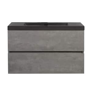 35.43 in. W x 19.69 in. D x 22.5 in. H Single Sink Wall Mounted Bath Vanity in Grey with Black Quartz Top