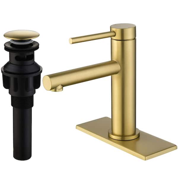 Single Handle Single Hole Bathroom Faucet with Pop-up Drain Assembly Brass Modern Sink Basin Vanity Taps in Brushed Gold