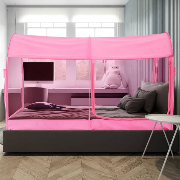 Indoor Pop Up Portable Frame Mosquito Net Bed Canopy Tent Full Curtains Breathable Pink Cottage (Mattress Not Included)