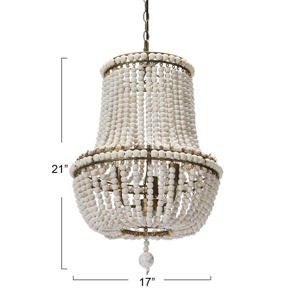 Off-White Draped Wood Bead Chandelier with Iron Frame