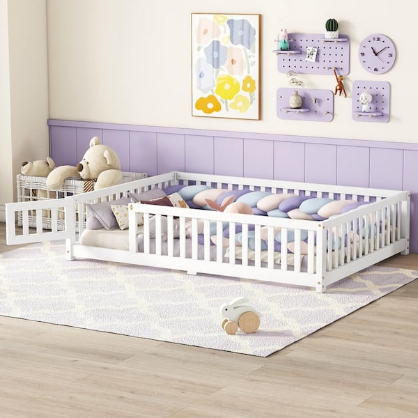 ANBAZAR White Pine Full Size Floor Kids Bed with Safety GuardRails and Door