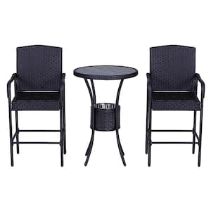 3-Piece Outdoor Plastic Rattan Wicker & Metal Frame Bistro Set with Included Ice Buckets, Bar Stools, and Center Table