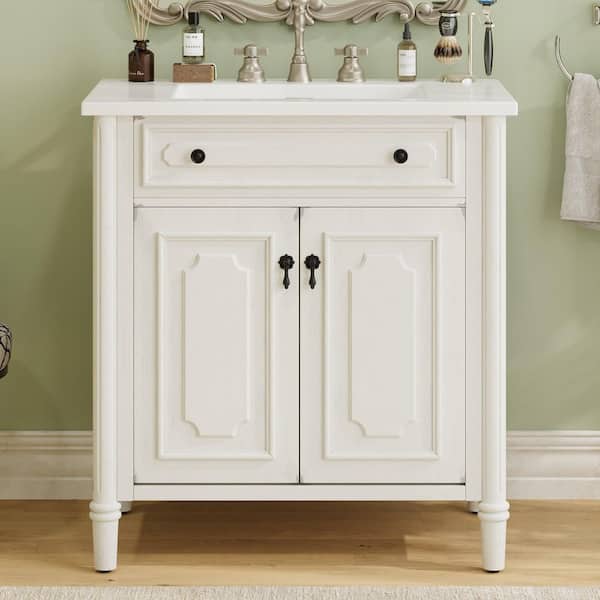 31 in. Freestanding Ancient White Bath Vanity with White Ceramic Top Bathroom Door Storage Cabinet Unassembled