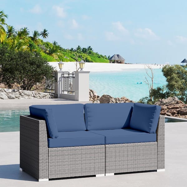 JOYSIDE 2-Piece Wicker Outdoor Patio Furniture Sectional Conversation Set with Blue Cushion