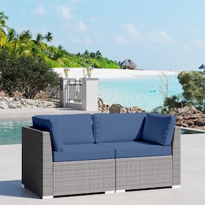 2-Piece Wicker Outdoor Patio Furniture Sectional Conversation Set with Blue Cushion