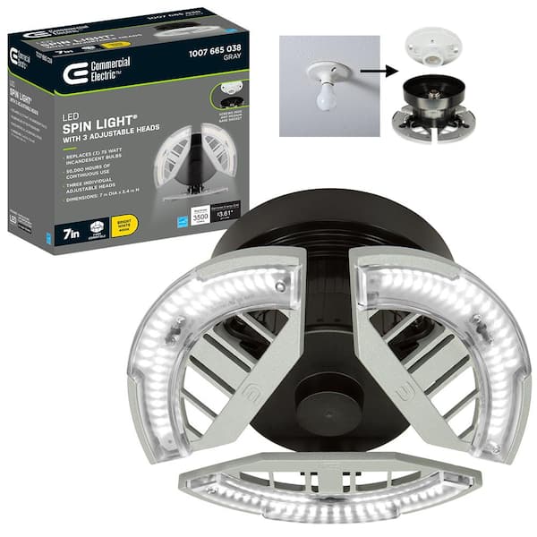 Commercial Electric 7 in. Spin Light 3 Adjustable Heads 3500 Lumens LED Flush Mount Garage Light and Basement - Screws into Lampholder