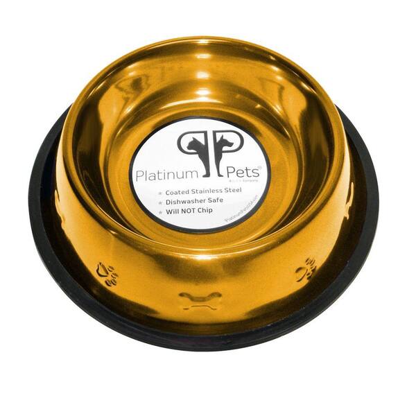 Platinum Pets 3 Cup Stainless Steel Embossed Non-Tip Dog Bowl in Gold